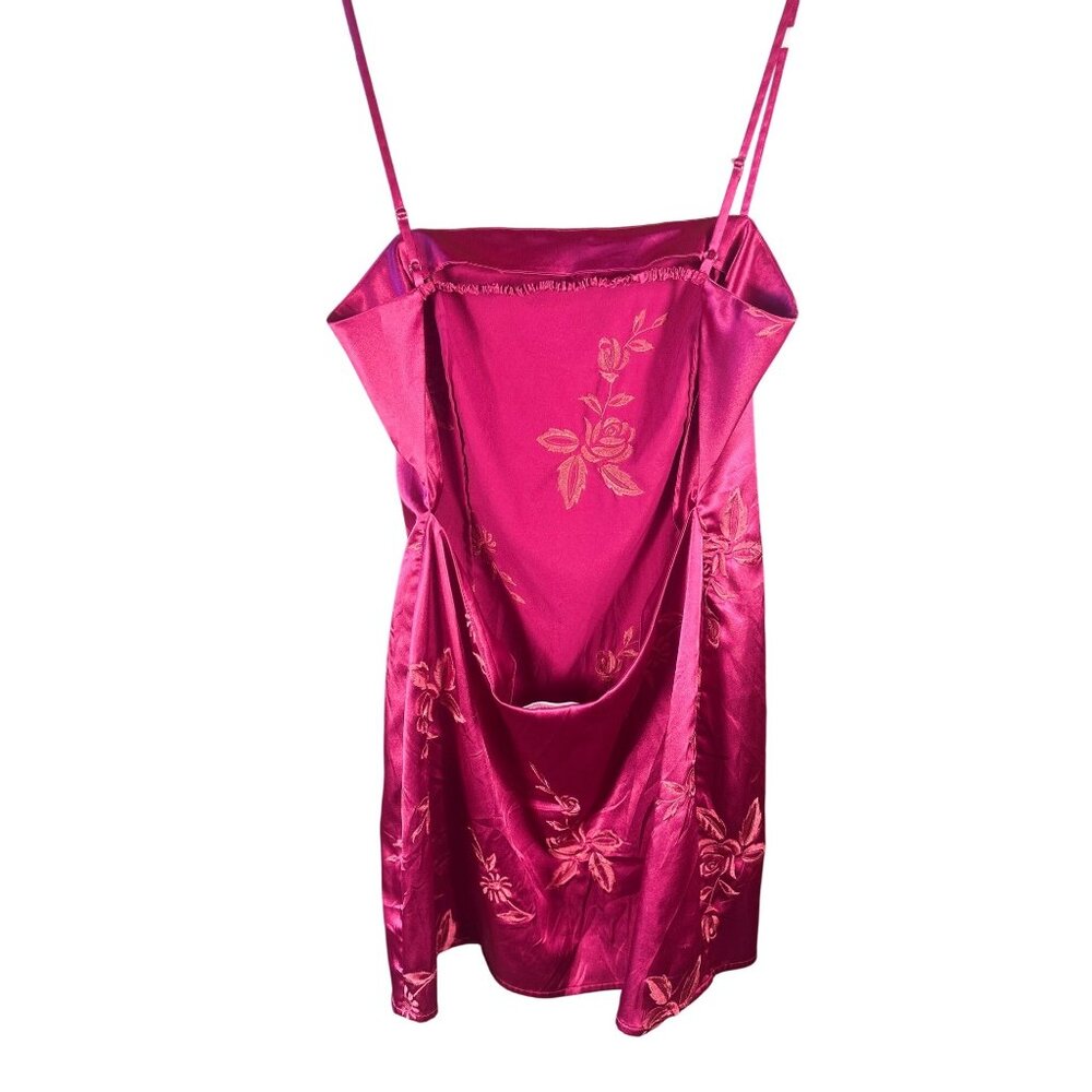 Victorias Secret Y2K Sz L Satin Slip Dress Fuscia Pink w Orange Floral Pattern - Picture 3 of 11